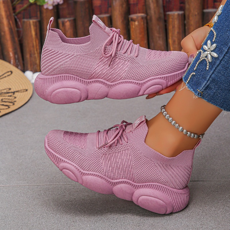 Knit Fabric Lace Up Sneakers - Kadın Spor Ayakkabıları Yeni Trend Düz